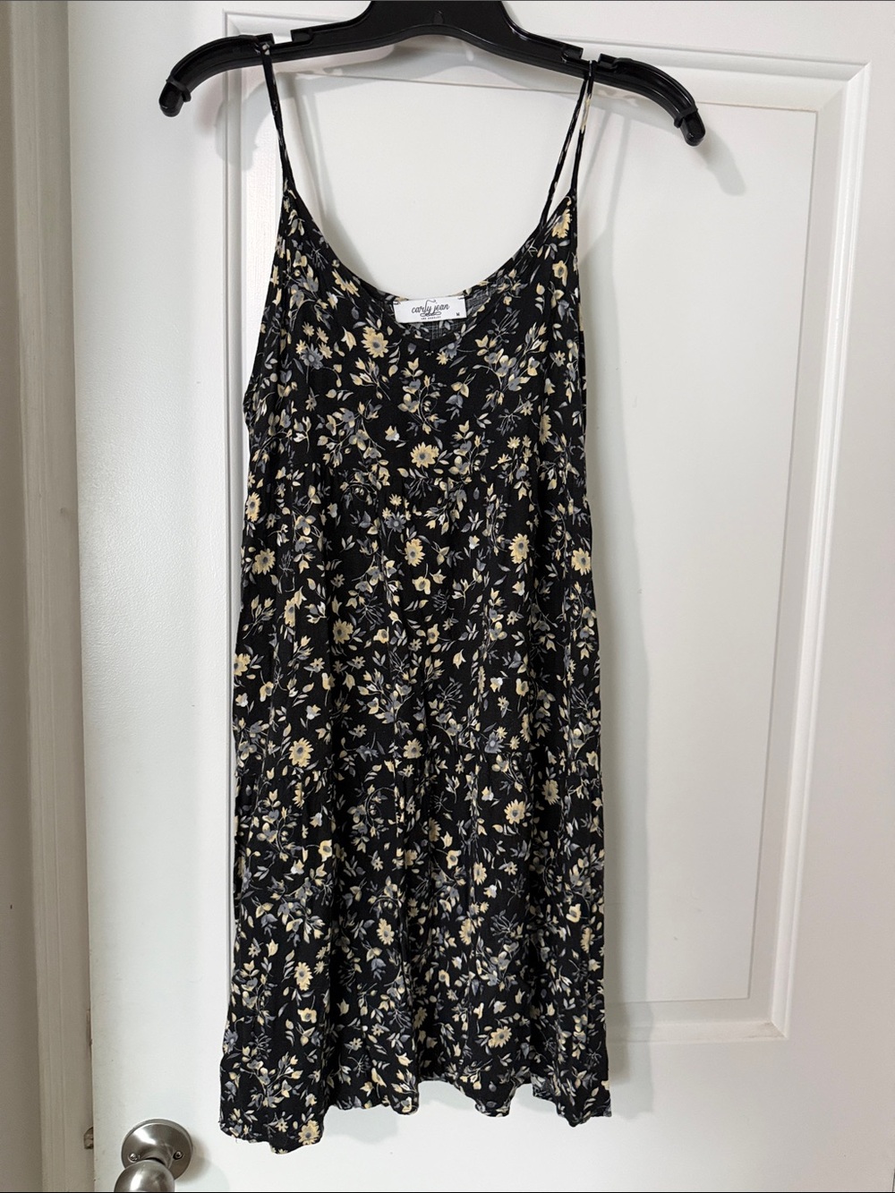 Carly Jean Los Angeles Black Floral Mini Dress with Cream & Gray Flowers